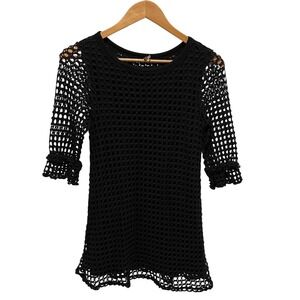 Pete Johnny Was Black Crochet Mesh‎ 3/4 Sleeve Tunic Top Sheer Boho Womens Small